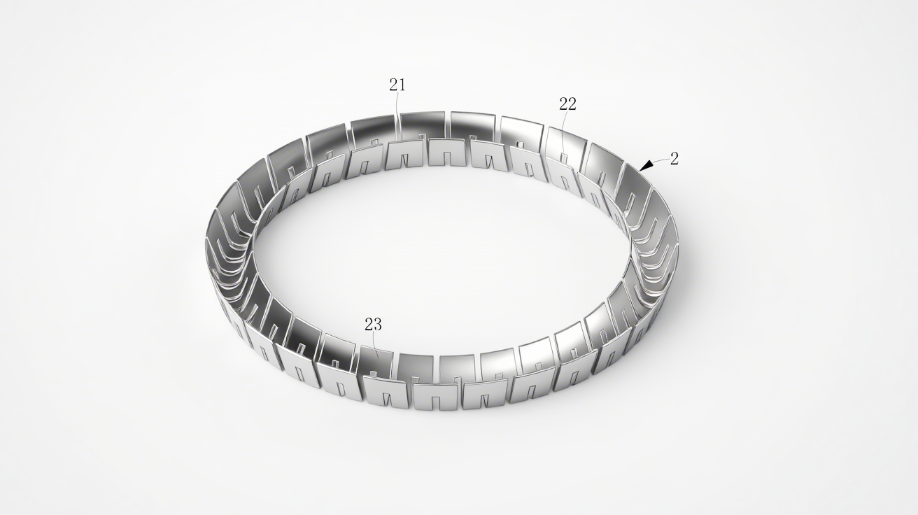 一種HA型彈簧組合油封結(jié)構(gòu)圖6圖6（V型彈簧立體圖）：顯示彈片（23）、第一凹槽（21）與第二凹槽（22）的交錯排列，闡釋預(yù)緊力產(chǎn)生機制。